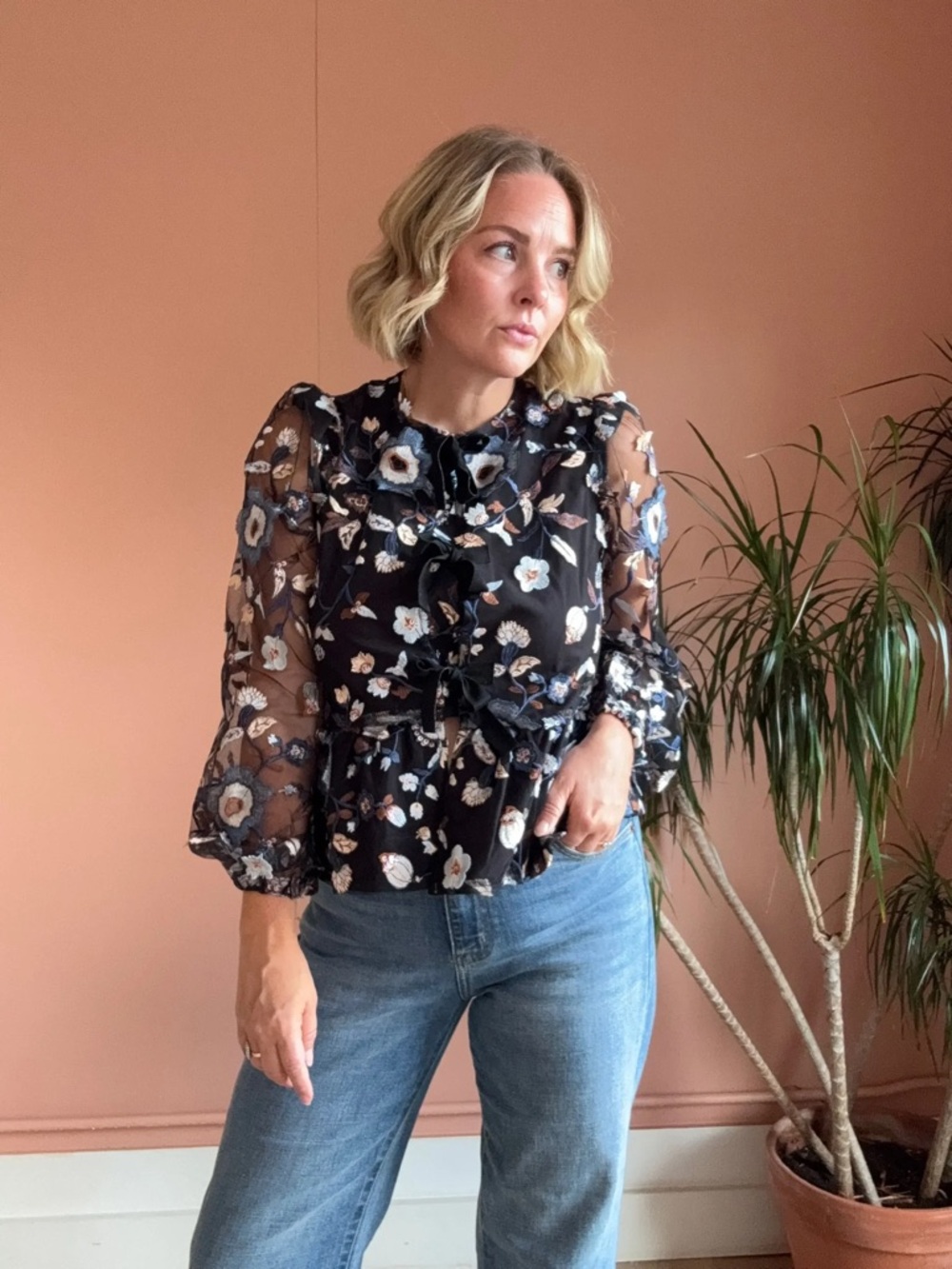 Black Floral Ruffle Tie-Neck Sheer Blouse
